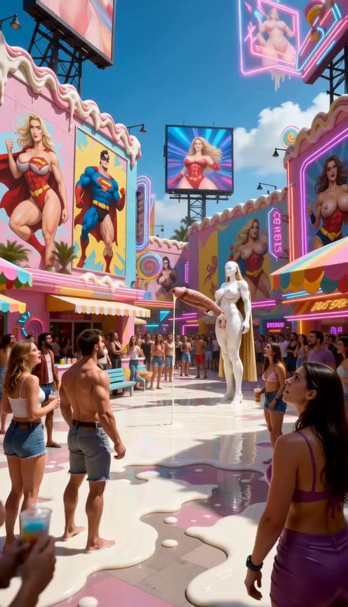 (multi-colored high end amusement park: 1.3), (candy colored walls and decor: 1.3), (cartoon and comic book motiff: 1.3)