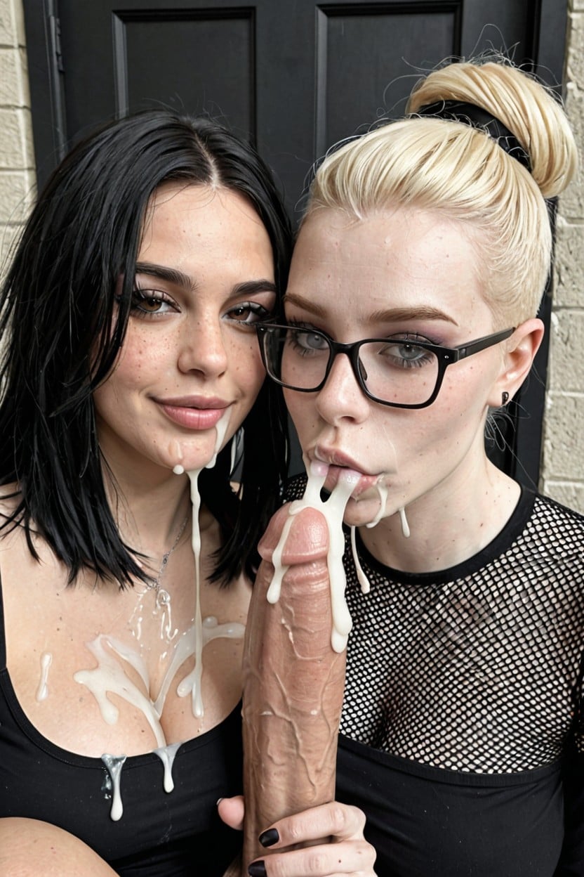 on right swallow the cum on the left lick the top of the cock then they kiss