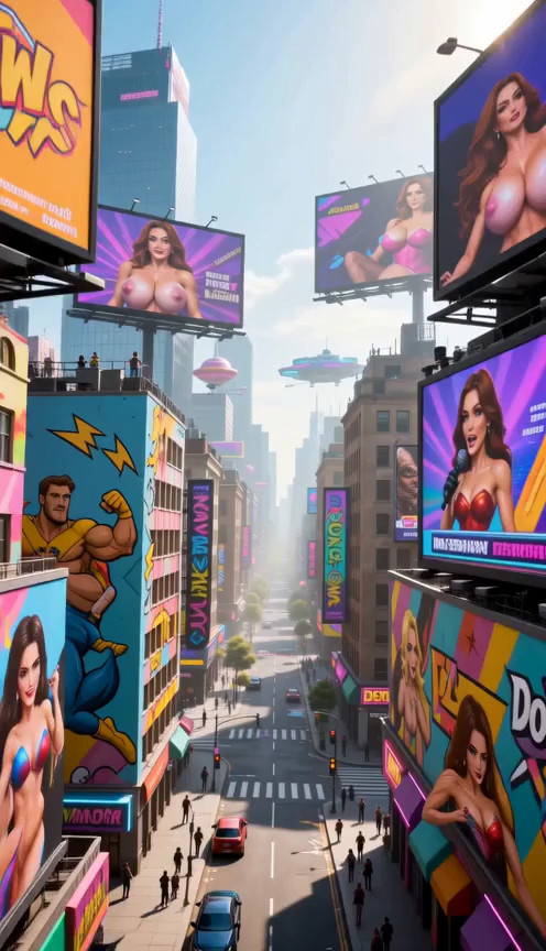 (major city street: 1.3), (candy colored walls and decor: 1.3), (cartoon and …