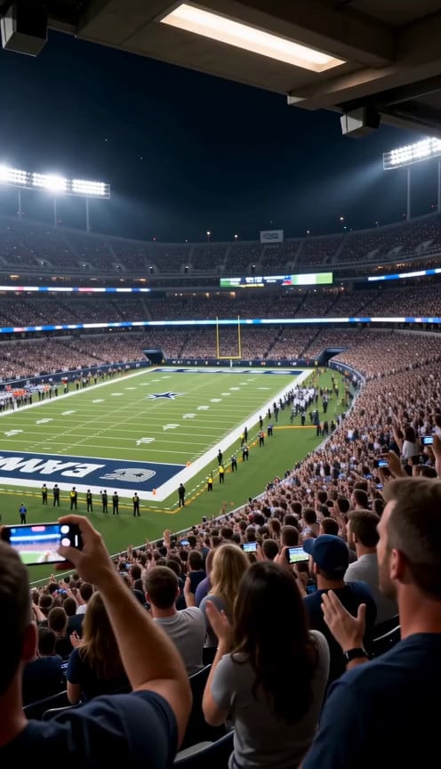 new scene, Everyone cheering in a American football stadium stands, loud pop …