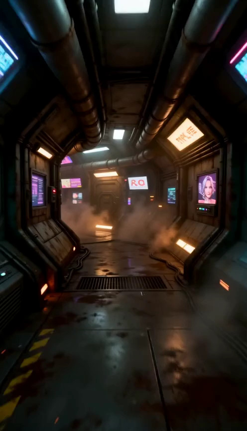 cyberpunk theme. cyberpunk interior of a grungy worn spaceship interior. cybe…
