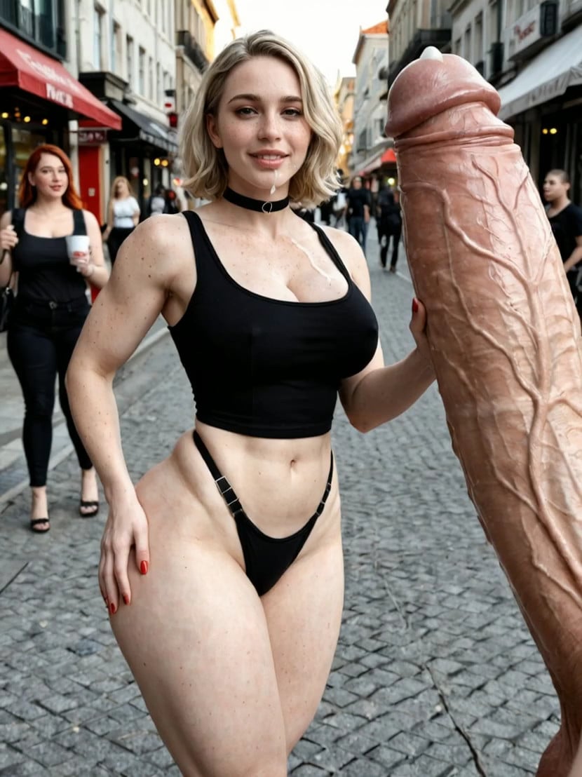 shot 1 [0-5s] the woman hugs the massive penis and licks it up and down as sh…