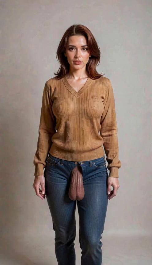She is facing the camera, simple background, she takes off her sweater pullin…