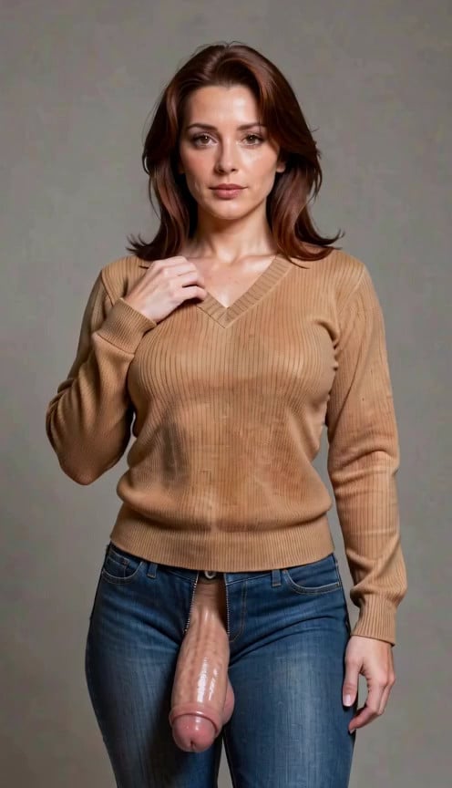 She is facing the camera, simple background, she takes off her sweater pullin…