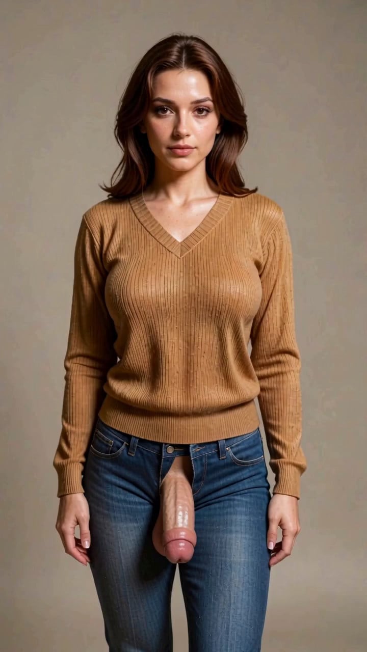 She is facing the camera, simple background, she takes off her sweater fast p…