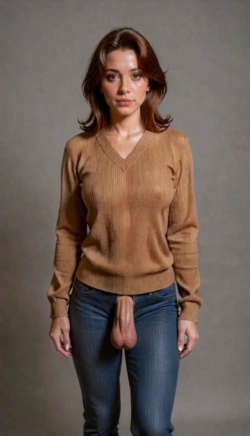 She is faces the camera, simple background, she hastily takes off her sweater…