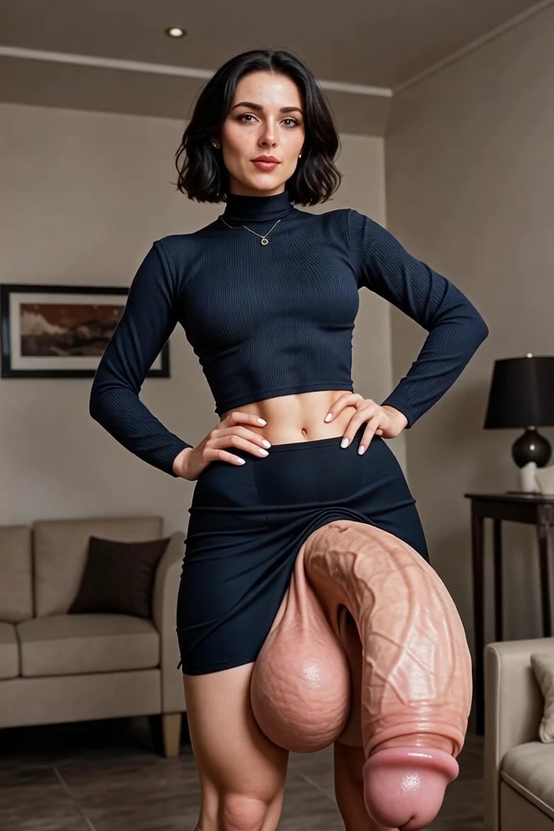 woman walks forward towards camera, camera focus on bulge, she rubs her penis