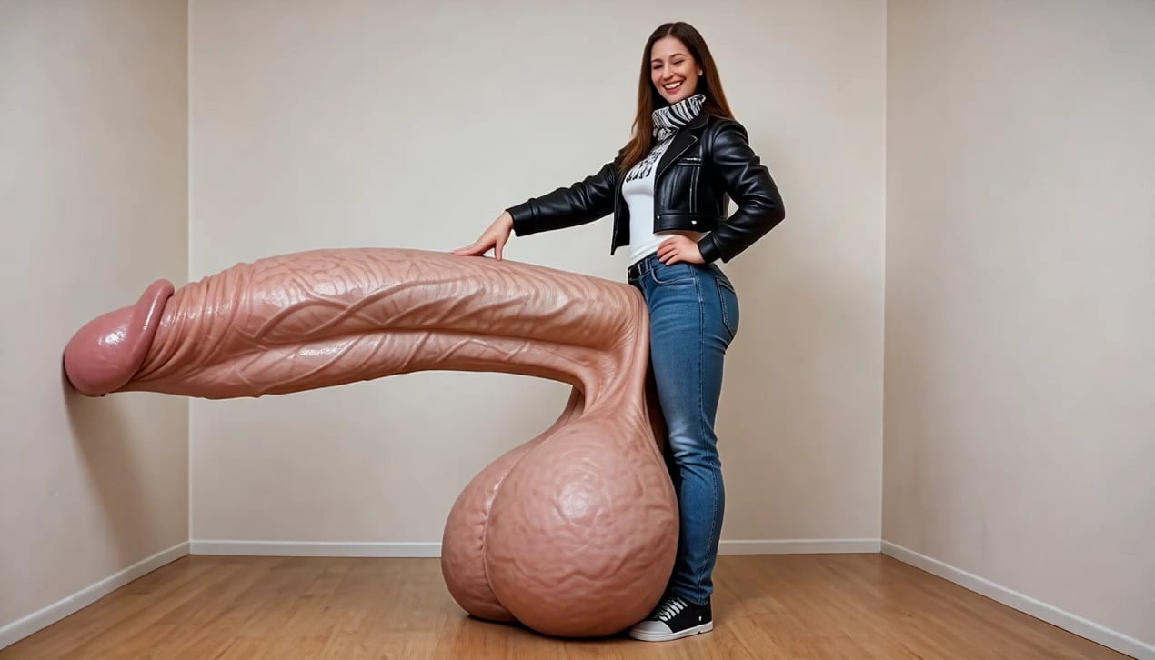 the woman rubs her penis with both hands, she moans in pleasure