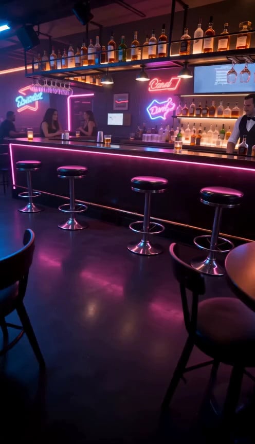 First person pov of me walking to the bar counter, and grabbing a seat there.…