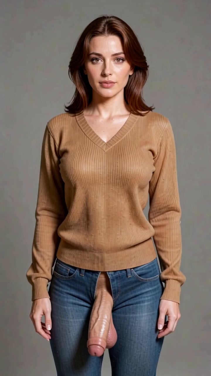 She is facing the camera, simple background, she takes off her sweater fast p…