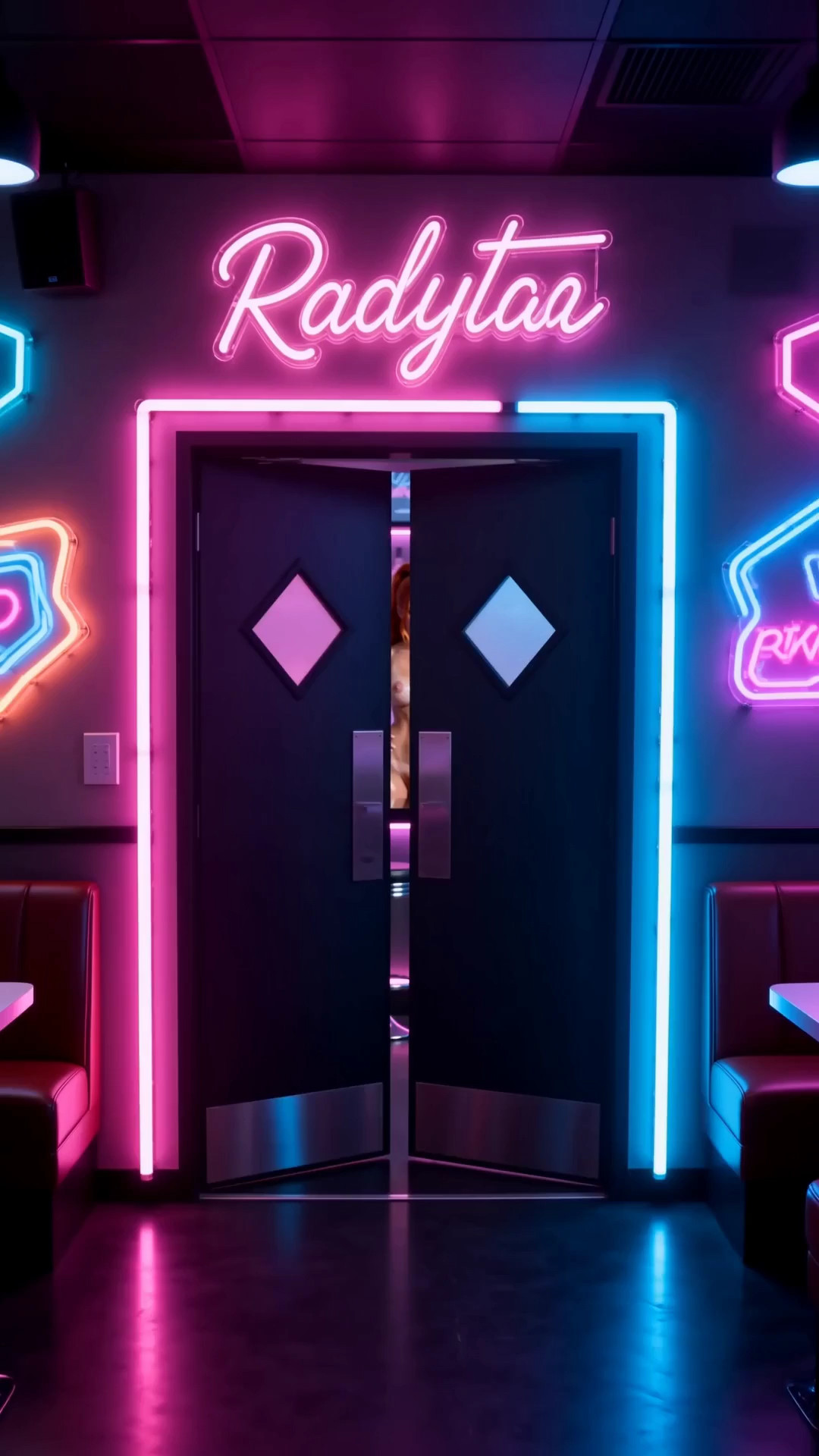 Woman's POV walks into a bar with neon lights, Redhead ginger futanari is bar…