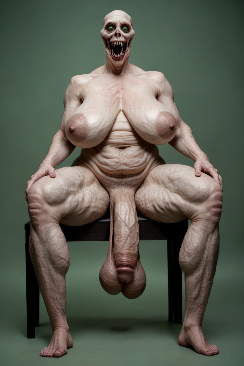 A terrifying smile; semen is oozing from the penis; the chest is heaving.