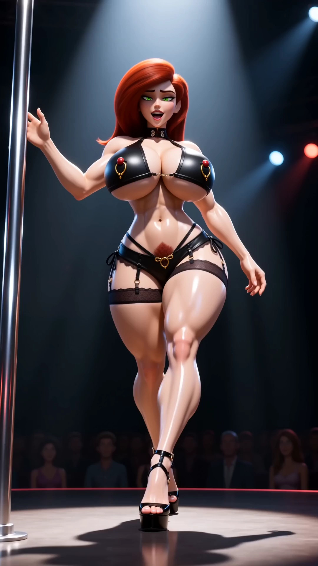 The trans woman steps onto the stage in a revealing pole outfit and high heel…
