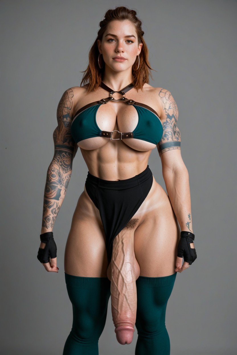 She flexes her huge bicep muscles and smiles seductively, then she walk forwa…