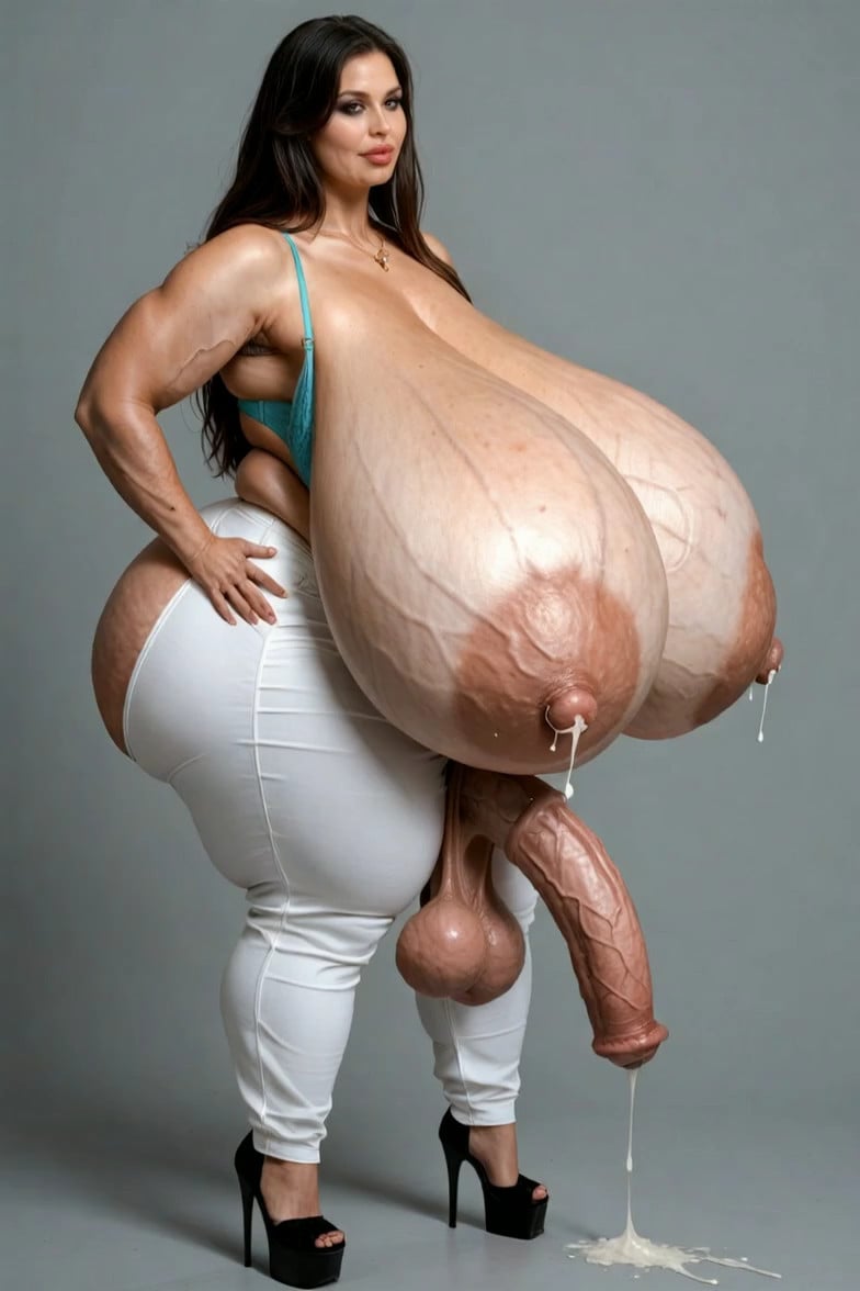 She turns slowly with hyper realistic breast physics