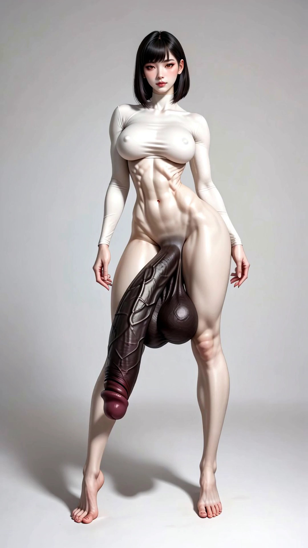 She walks towards the screen. Her dick gets erected. Male lays before her. Sh…