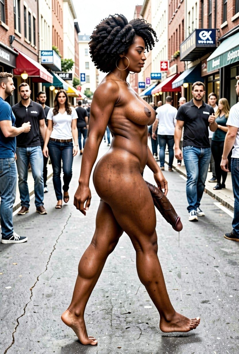 Continue the black woman walking. As she walks, she masturbates. Her penis be…