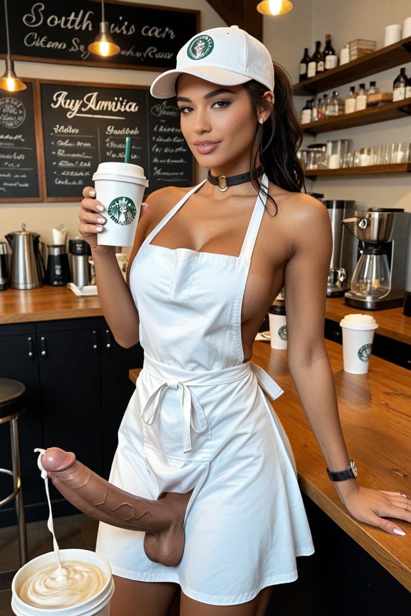 She is enjoying drinking her coffee as she is filling the bucket with herwhit…