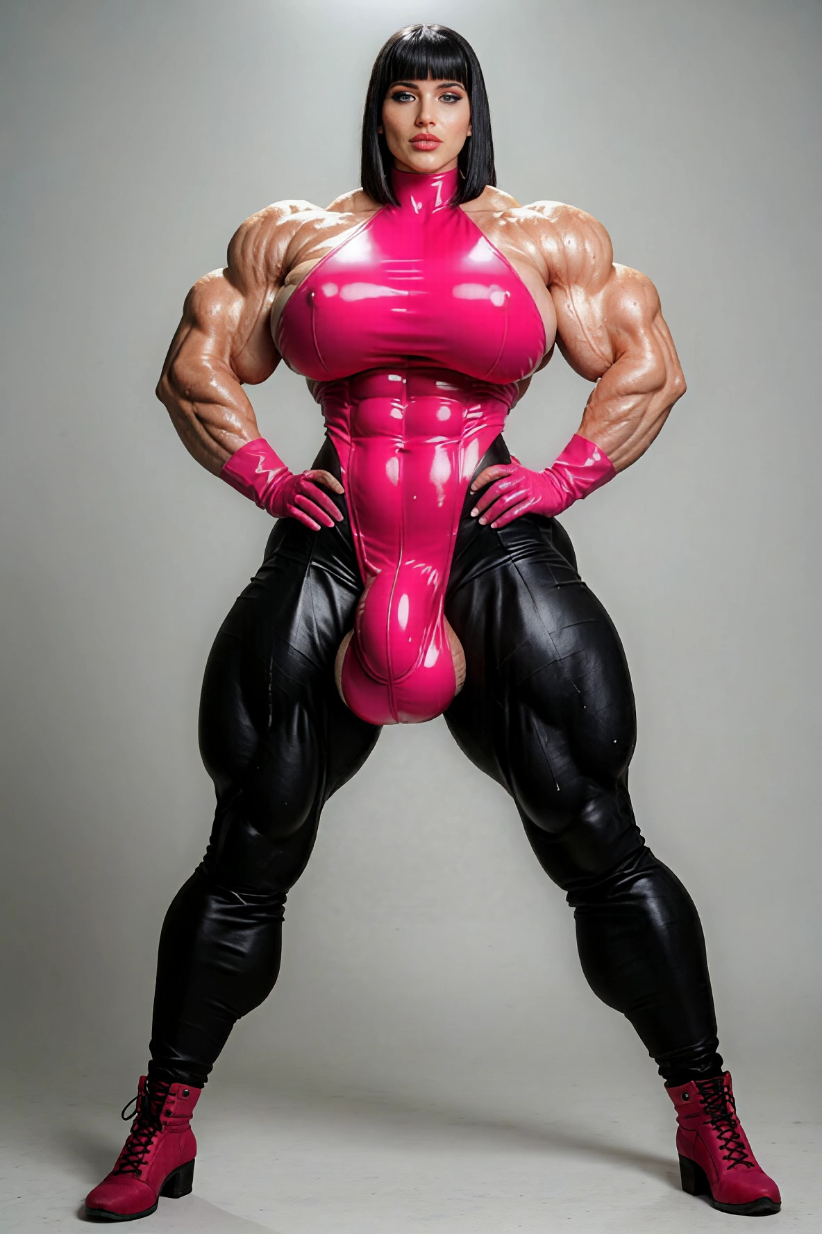 Flexes pecs and makes them move up and down then grabs top and rips it open r…