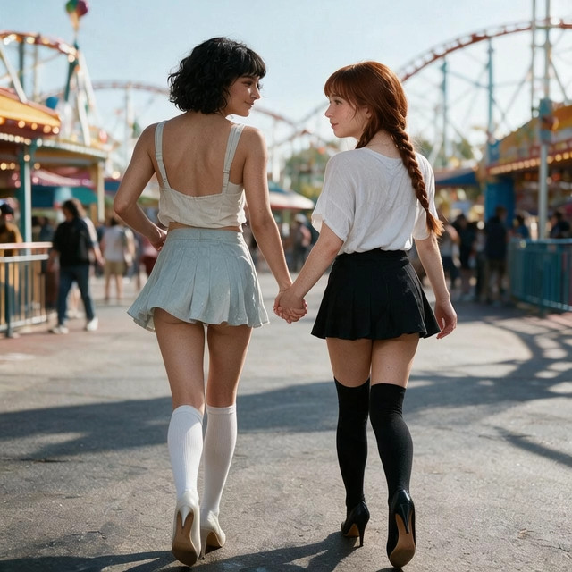 The woman on the left quickly grabs her friend's hair with the left hand maki…