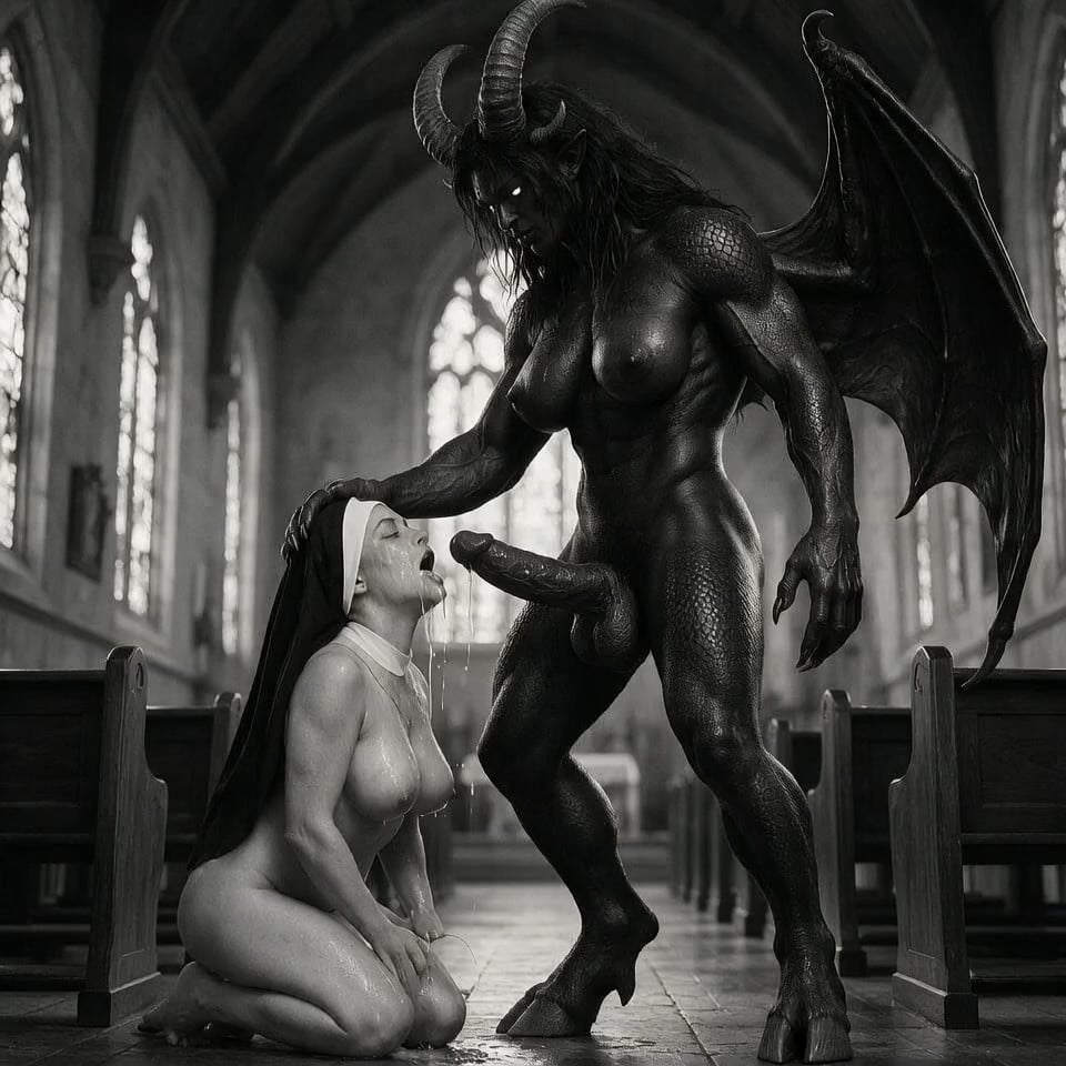 Demoness puts her cock in Nuns mouth, (demoness immediately grabs nun by the …